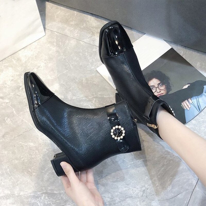 Escarpins courts en cuir PU pour femmes, bottines d'automne avec fermeture éclair et perles, talons hauts, bout carré, chaussures à la ,