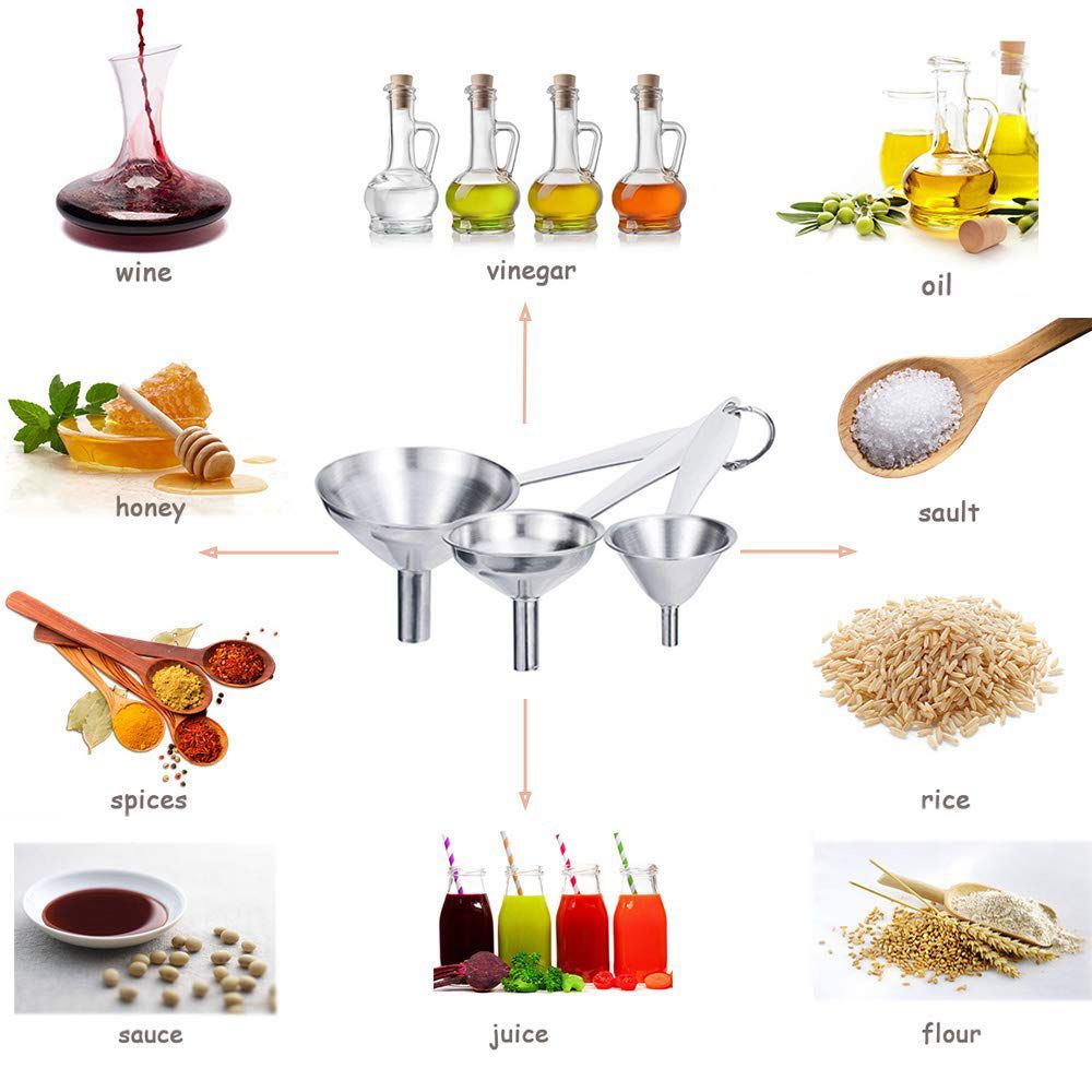 -Kitchen Funnels, Stainless Steel Funnel Set, Thick Collapsible Small Medium Large Funnels with Long Handle to Grip(Set of