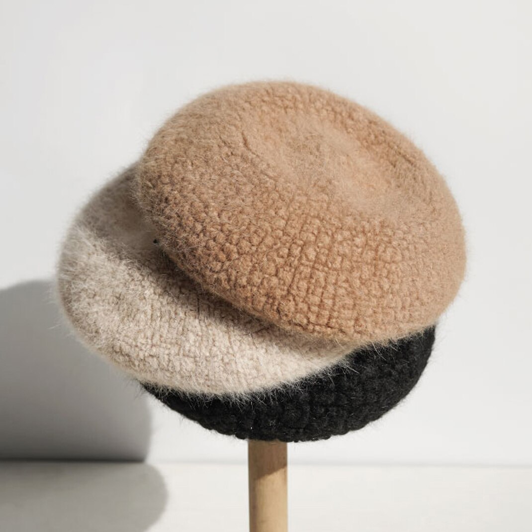 Luna&amp;Dolphin Women Fine Wool Hairy Berets Pumpkin Peacock Blue Knitting Artist Cap Winter Warm Mocha Painter Beanie Hat
