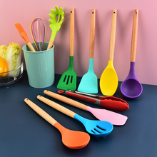 Ustensiles de cuisine en silicone, manche en bois, pelle antiadhésive, cuillère, ustensiles de cuisine, nouvelle couleur, ensemble d'ustensiles de cuisine