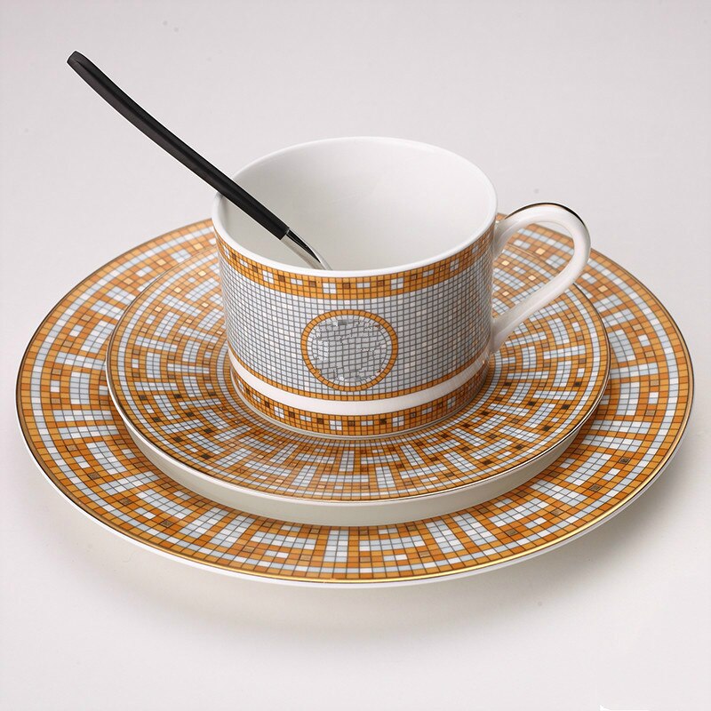 Ceramic Dinner Plates Geometric Pattern Ceramic Dish Charger Plate Yellow Grid Dinnerware Plate Set Serving Dish