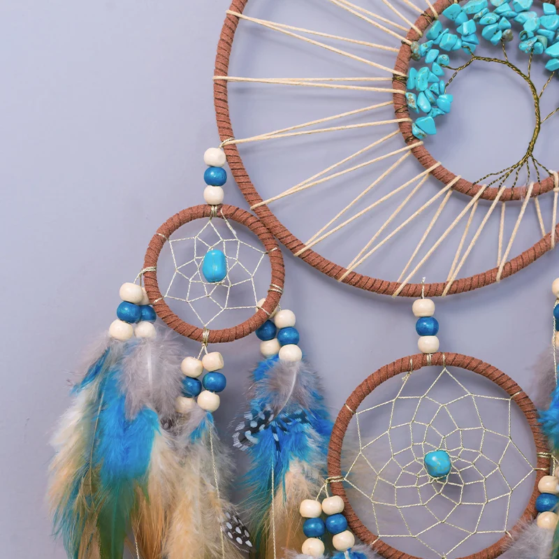 VERSAINSECT Handmade 3-Circle Dreamcatcher Wall Hanging | Boho Decor With Feathers, Pink & Cyan, Ethnic Style Room Ornament - View #10