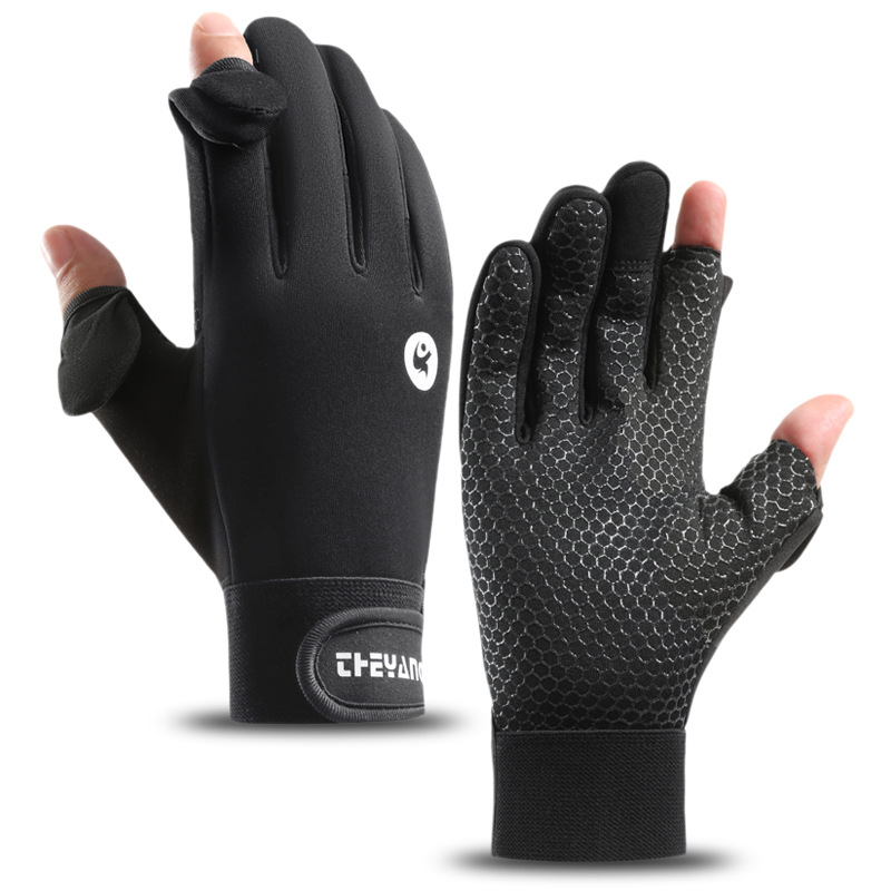 Gants de pêche imperméables d'hiver, 2 doigts, coupe-vent, pour femmes et hommes, Protection chaude en velours, gants de pêche au poisson: XL / Black