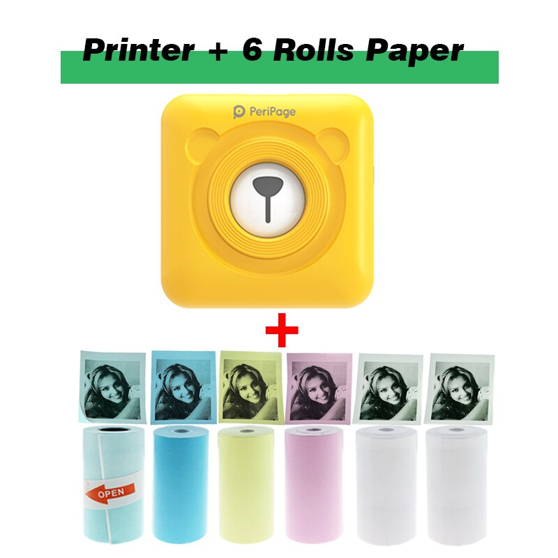 Peripage Portable Pocket Mini Photo Thermal Printer Wireless Sticker Printing Machine Free APP Support Multi-Language For Phone: Yellow  6 paper