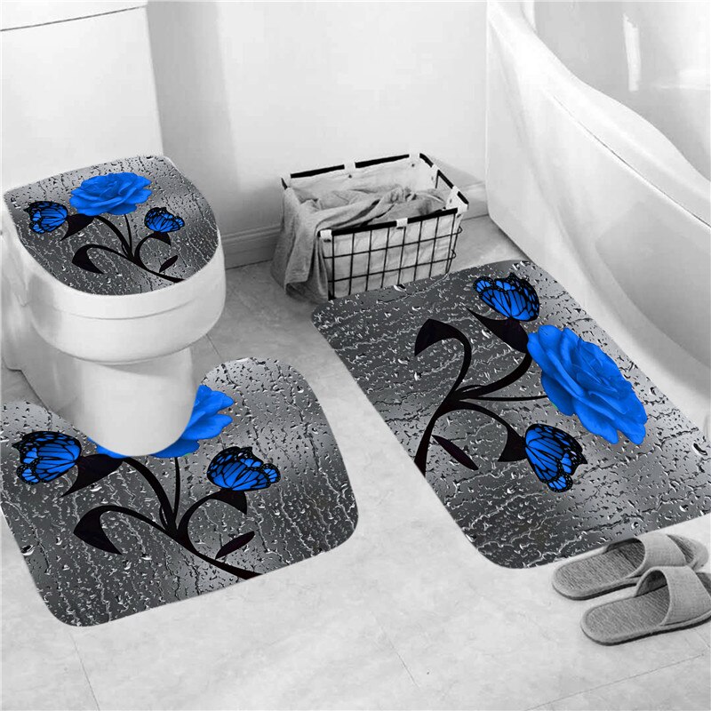 Rideau de Douche 3D Imperméable à Imprimé Rose en Polyester, Accessoires Disponibles en 5 Couleurs, Ensemble de Moquette de Décoration et Tapis de Bain Antidérapant pour toilette et Maison: 3PC Mat Set-B
