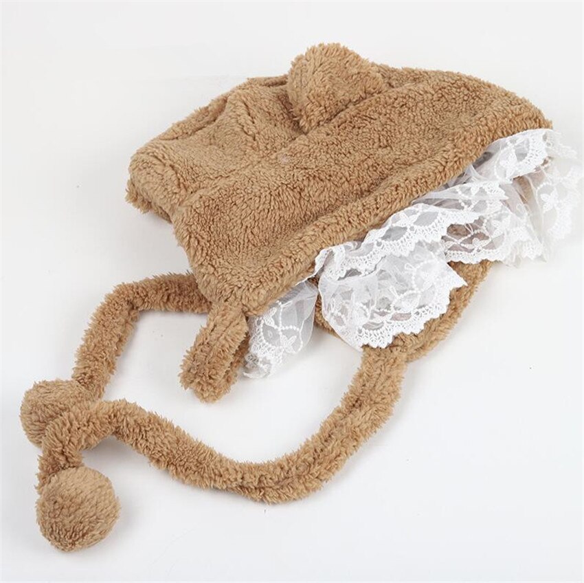 Warm Lace Trim Lolita Bear Ear Plush Warm Hat Women Thicken Bowknot Earmuffs Winter Bandage Cap D991
