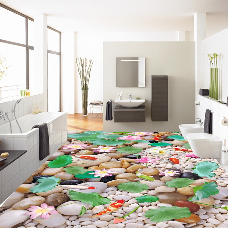 Floor Stickers Waterproof Tiles Pond Koi Fish Floor Murals Pebbles Home Decoration