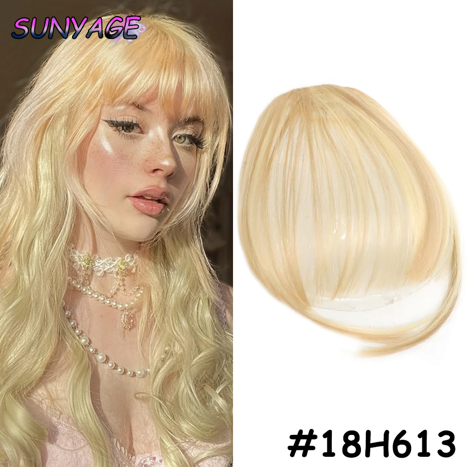 Sunyage natural em linha reta sintética sem corte franja de fibra de alta temperatura marrom feminino clip-in franja completa com franja de cabelo 6 Polegada