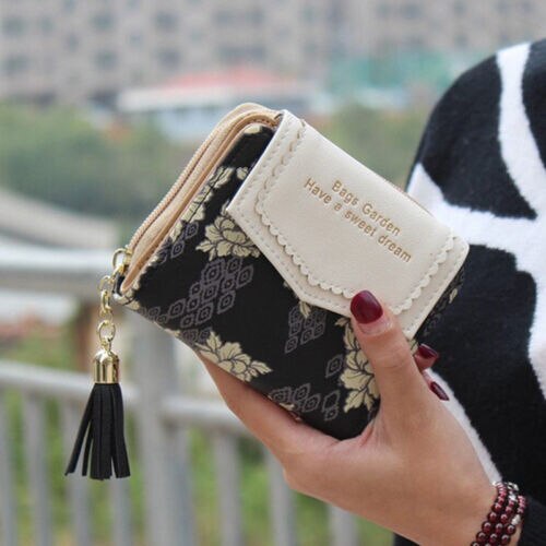 Söt handväska läder kort tofs dragkedja plånbok myntkorthållare mjukt läder telefonkort kvinnlig koppling: Svart