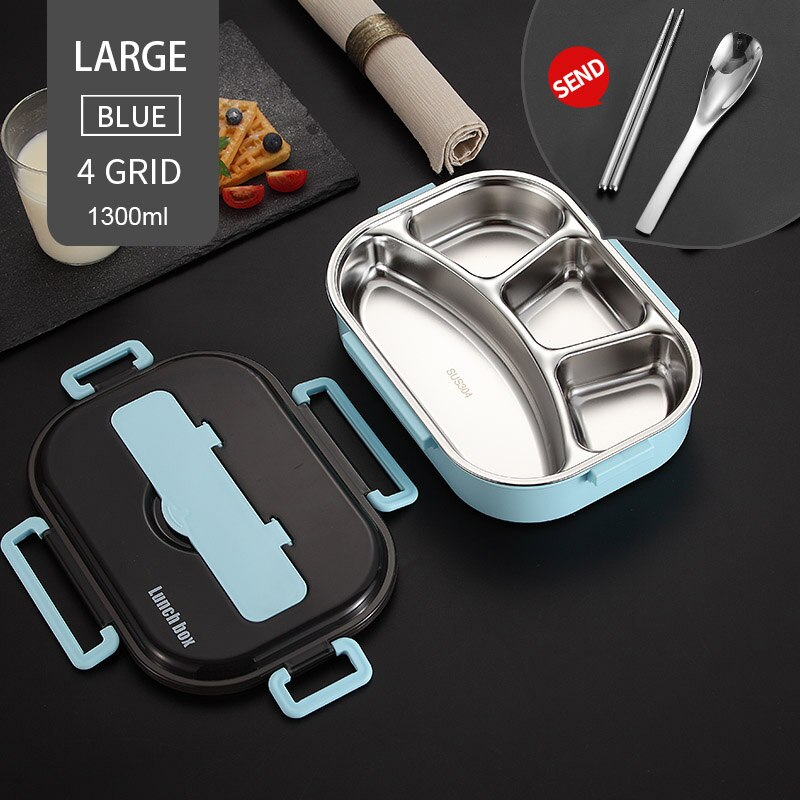304 Roestvrij Staal Lunchbox Japanse Bento Doos Met Compartimenten Voor Kinderen Magnetron Voedsel Container Met Servies Set: 1300ml 4 Grid Blue