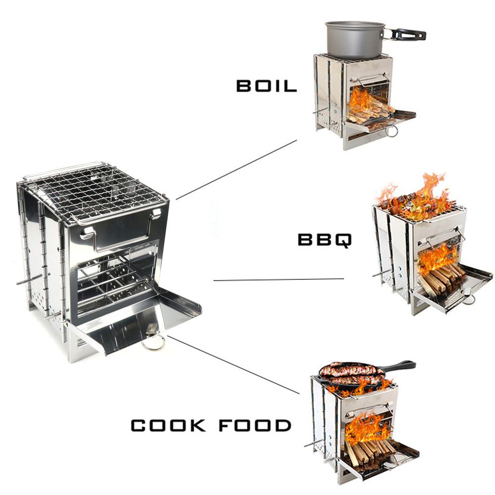 Outdoor BBQ Barbecue Stove Stainless Steel Camping Grill Portable Mini Wood Lightweight Cooking Folding Backpacking Picnic