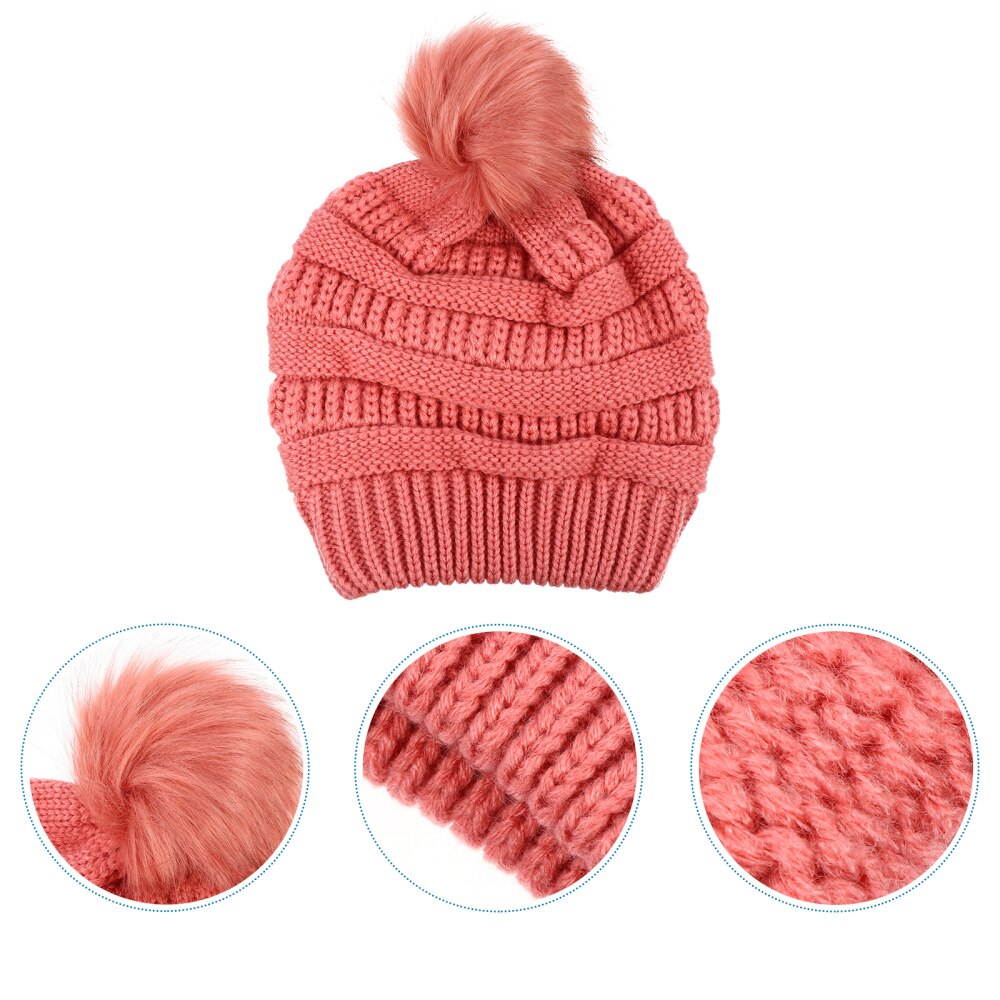 1pc varm strik hat slidstærk hyggeligt hæklet hårboldhue til vinterkvindedame: Lyserød