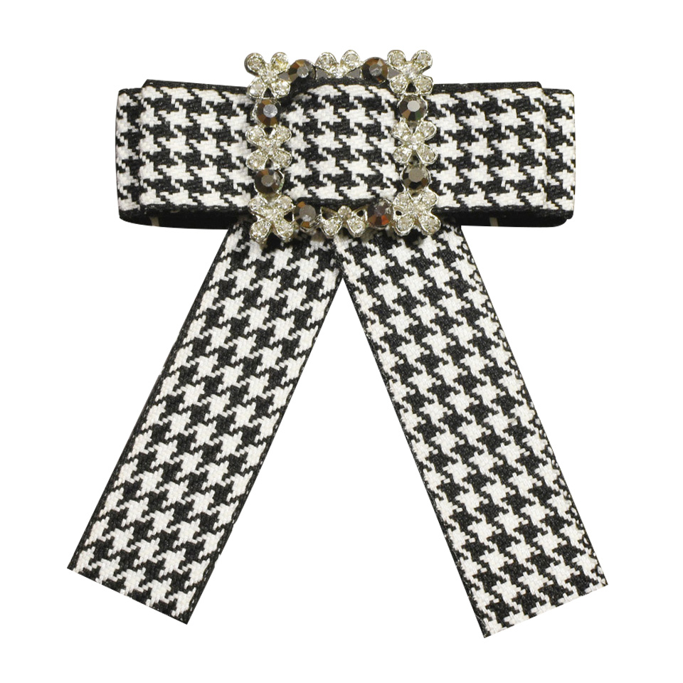 Korean Vintage Fabric Houndstooth Bow Brooch Lapel Pin Necktie Ribbon Brooches Jewelry Luxury Broche for Women Accessories