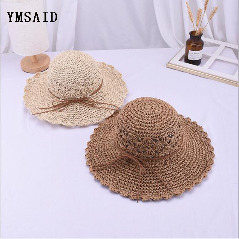 Ymsaid, sombrero redondo de verano para mujer, sombreros de paja de ala ancha tejidos a mano, gorras de Sol de para mujer, sombrero plegable de playa bohemio