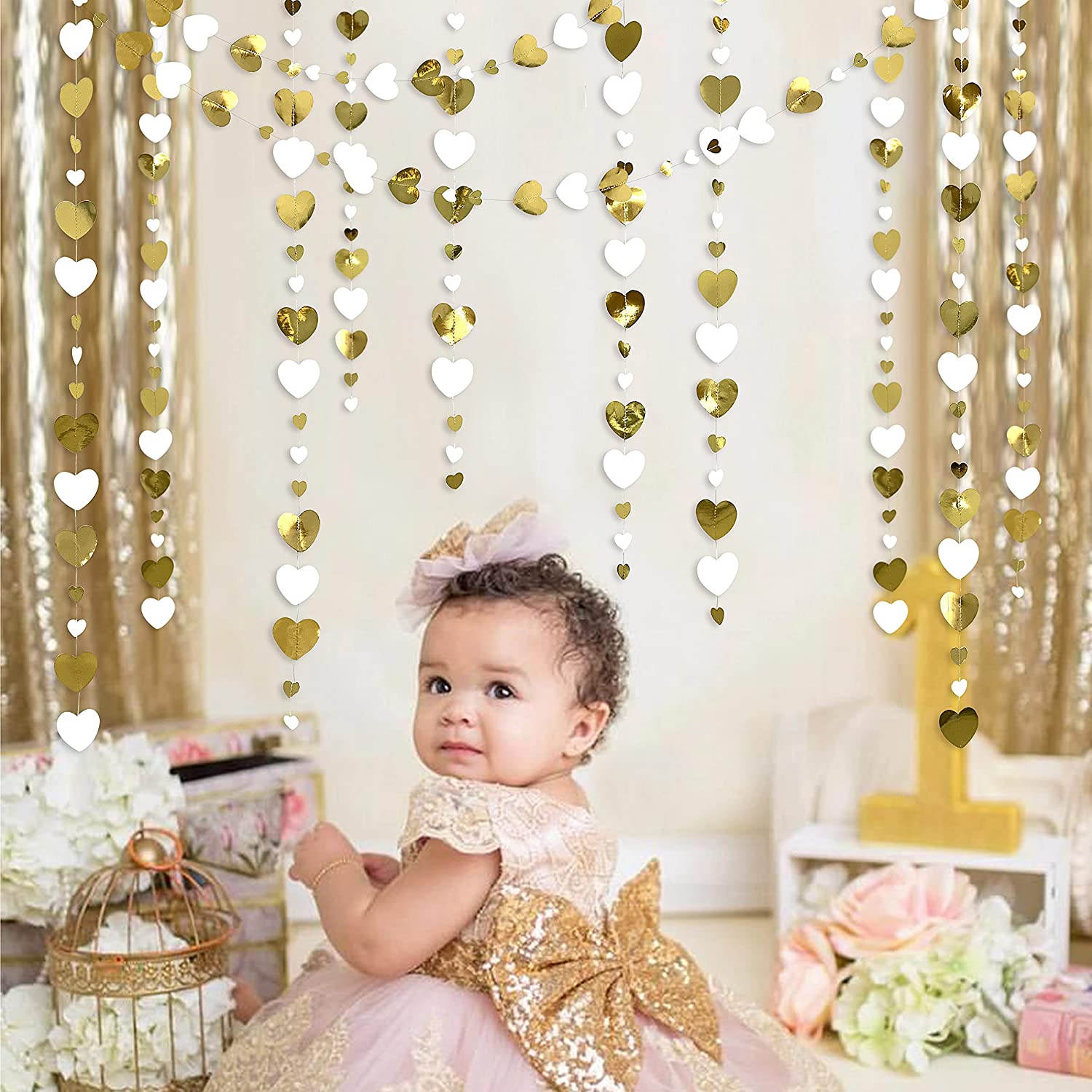 13Ft Papier Weiß Gold Liebe Herz Girlande Stromer Hängen für Bachelorette Hochzeit Braut Dusche Baby Geburtstag Party Dekorationen