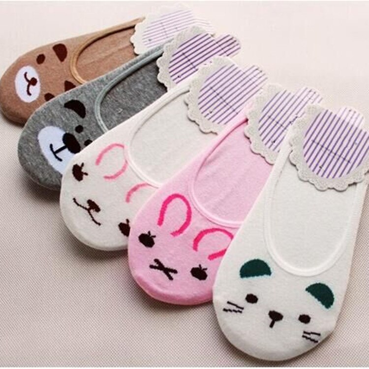 10 Kleur Vrouwen Onzichtbare Katoenen Sokken No Show Antislip Loafer Liner Low Cut Cartoon Animal Bears Konijnen Katten Boot Korte feminino