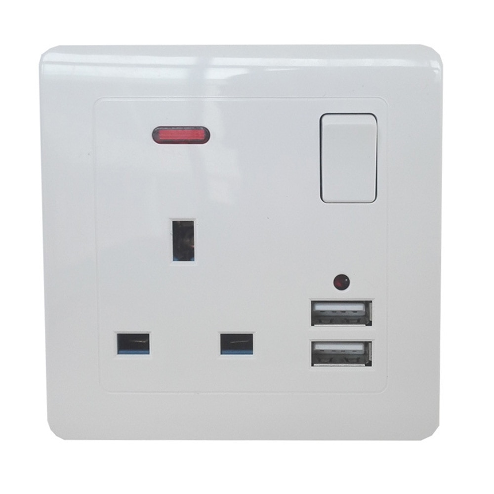 1PC Single 13A 1 Gang Switched Mains Plug Socket with 2.1A 2x FAST USB Ports White