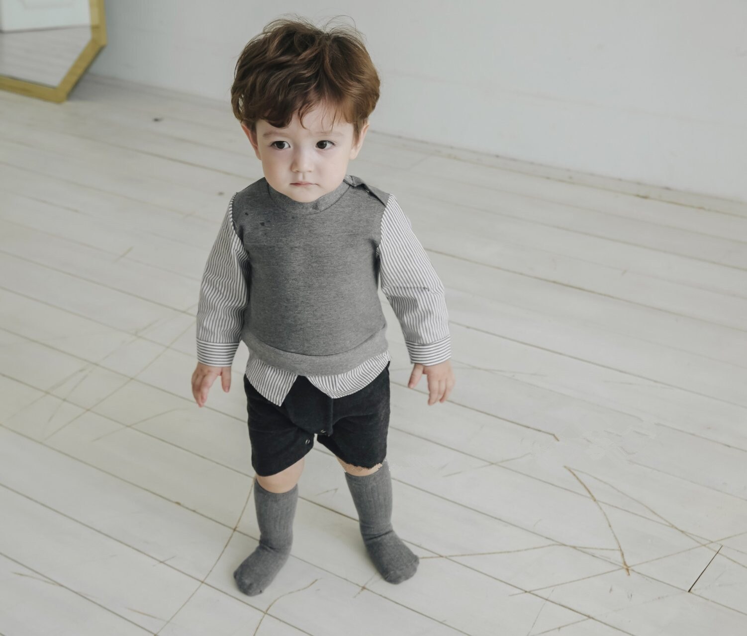 Spring Korean Boys and Girls Two-Piece Striped Romper Romper Baby baby jumpsuit baby clothes: Grijs / 18m