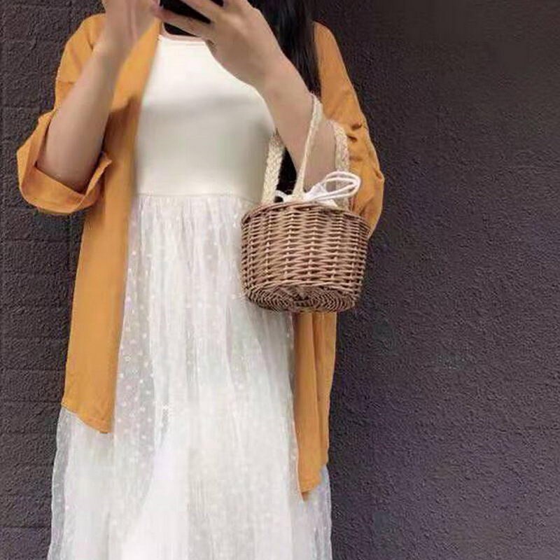 Women Woven Straw Bucket Handbag Lady Summer Beach Mini Bags FA$3