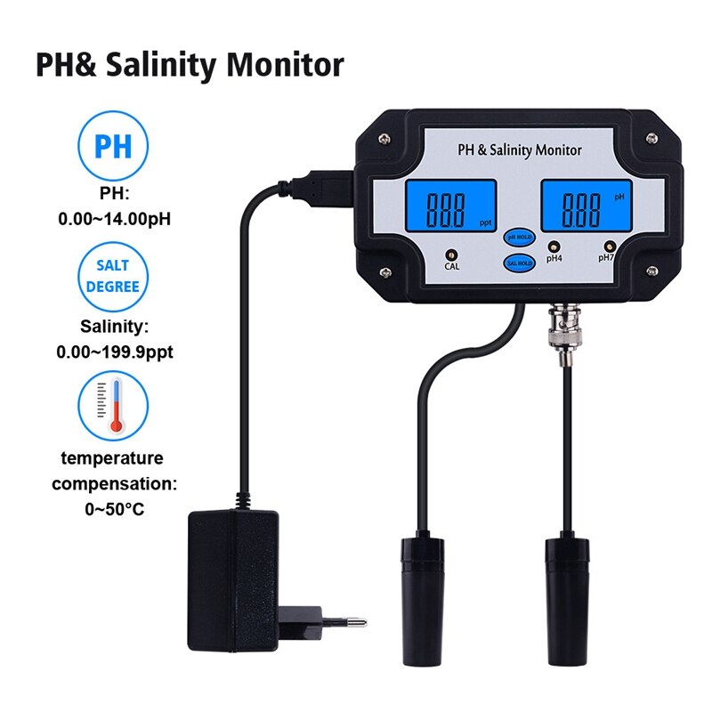 PH-2685 PH & Salinity Monitor 2 in 1 Ph Meter&Salinity Tester for Aquarium Pool Spa Seawater Horticultural EU Plug
