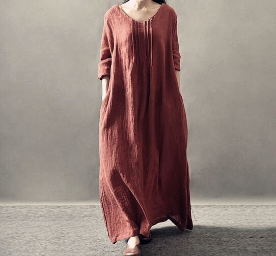 Sommer høst kvinner avslappet løs boho lange maxikjoler vestidos - bomulls- og lin vintagekjole: Xl / Beige