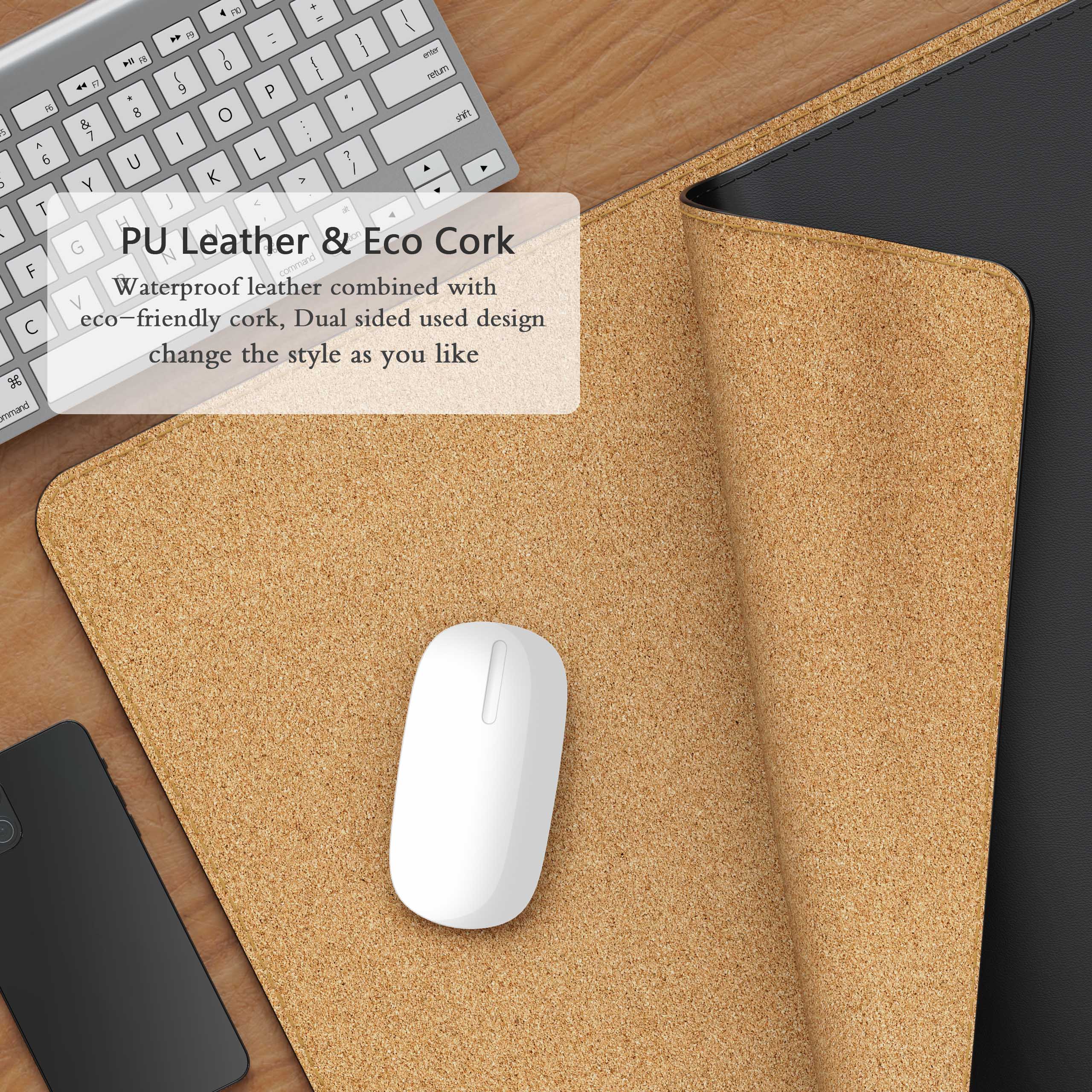 Dual-Sided Mouse Pad, Natural Cork & PU Leather Large Desk Pad for Office and Home Work, Desk Protector Non-Slip, Waterproof