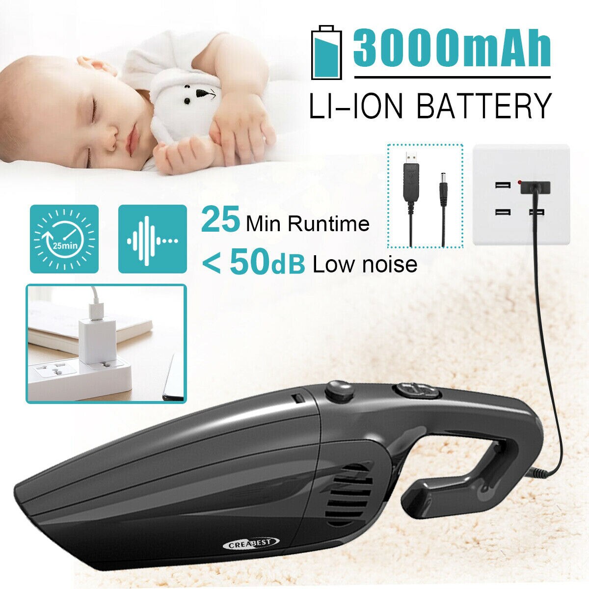 9000pa Portable HandHeld Vacuum Cleaner Cordless Home Car Pet Hair Rechargeable Car Vacuum Cleaner Wet&Dry 120W Cleaner