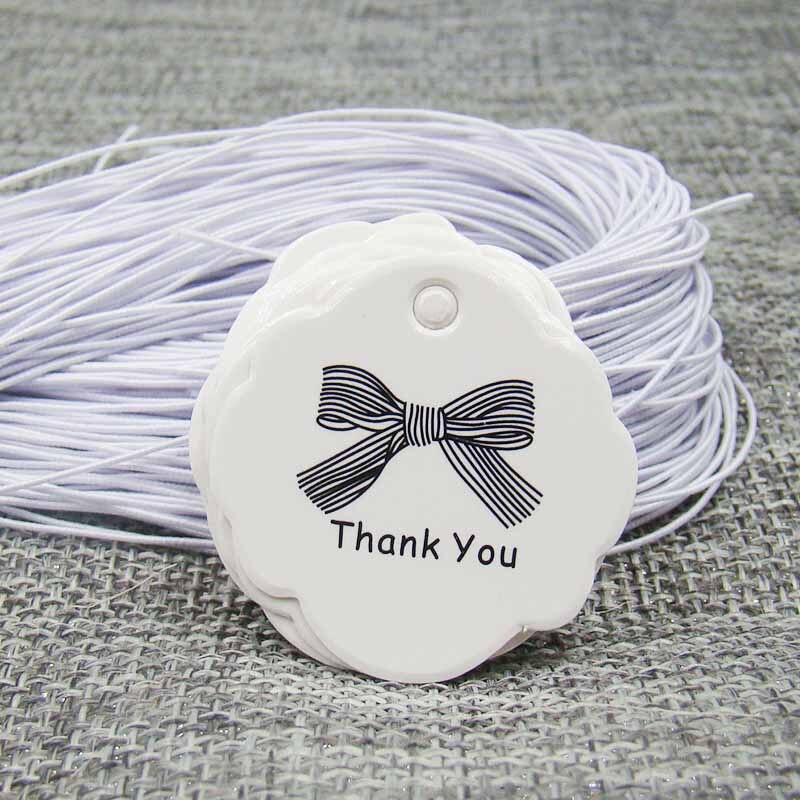 Étiquette en papier blanc | 3cm de diamètre, 100 pièces + 100 pièces, chaîne élastique pour produits, étiquette suspendue merci avec ruban imprimée