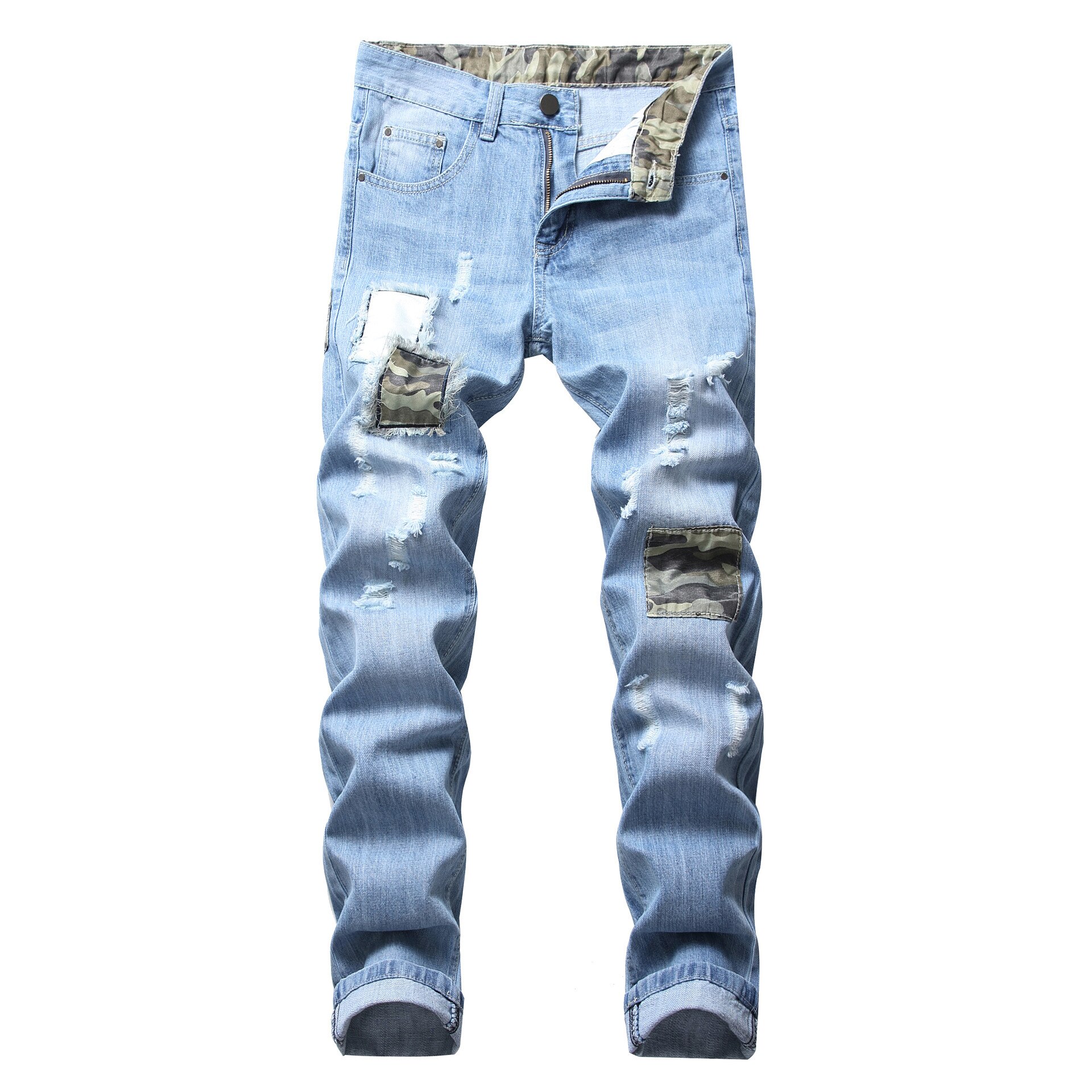 Män bär rippade hål jeans långa ruin hål rak lapp ljusblå tvättade byxor stor storlek byxor: 28