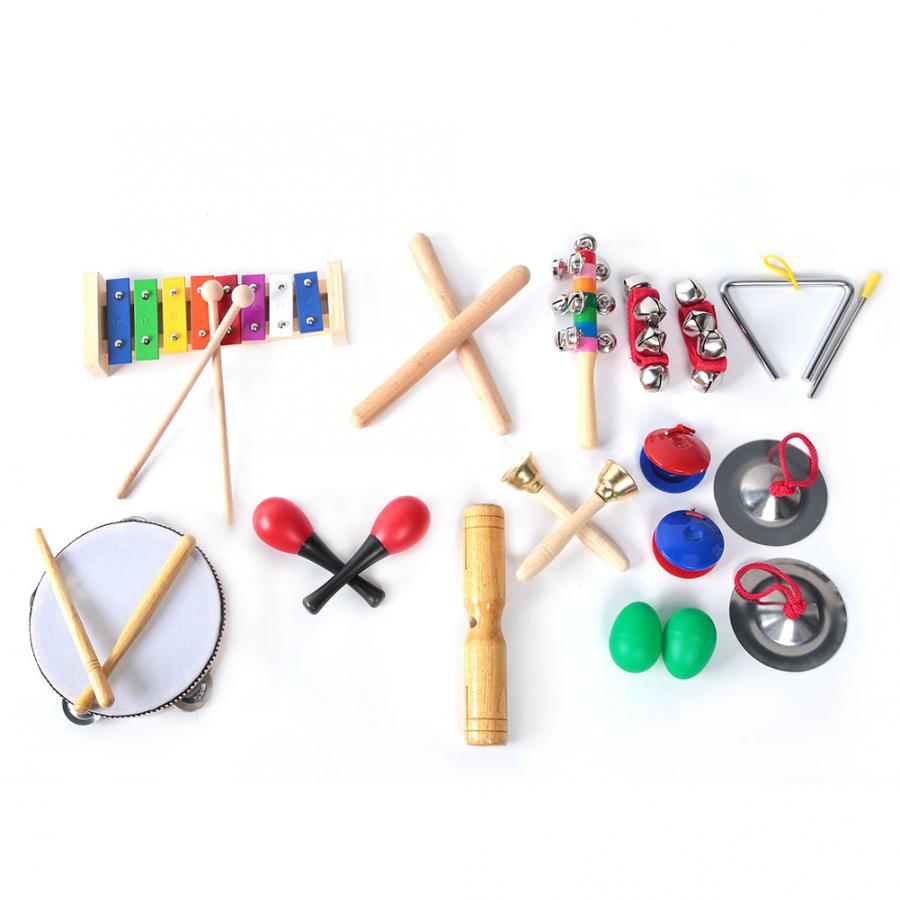 13 pièces enfants musique ensemble d'instruments tambourin + poignet cloche + Gong en métal + cloche + Tube en bois + Xylophone Ect Orff Kit de Percussion