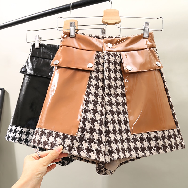 Kvinnor houndstooth shorts ull och lädersömmar rutiga shorts kvinnlig stil breda ben shorts kvinnlig