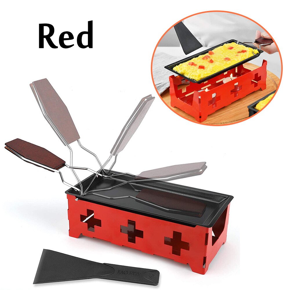 Portable antiadhésif métal fromage Raclette four gril plaque Rotaster plaque de cuisson poêle ensemble manche en bois cuisine outils de cuisson: Rouge