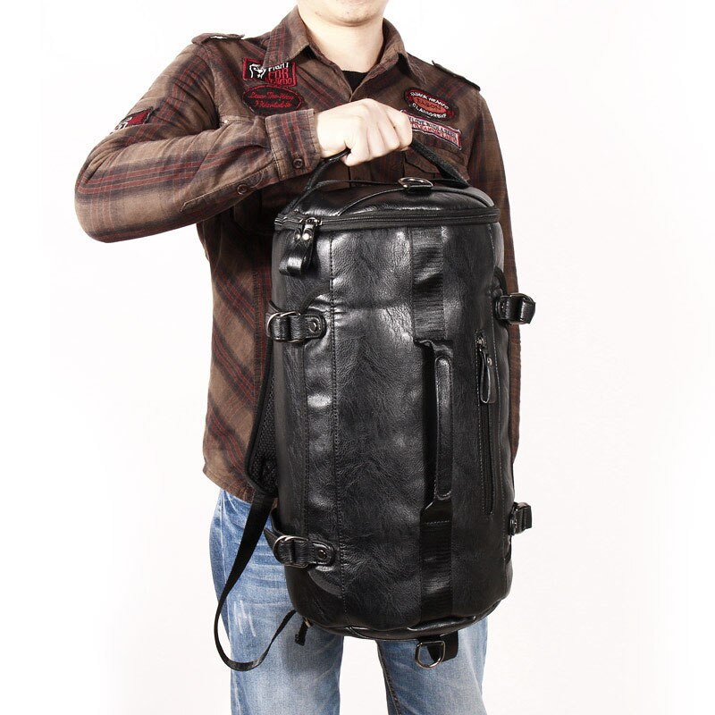 Handsome PU Men's Long-Distance Travel Large-Capacity Backpack Solid Color Retro Style Transport Backpack