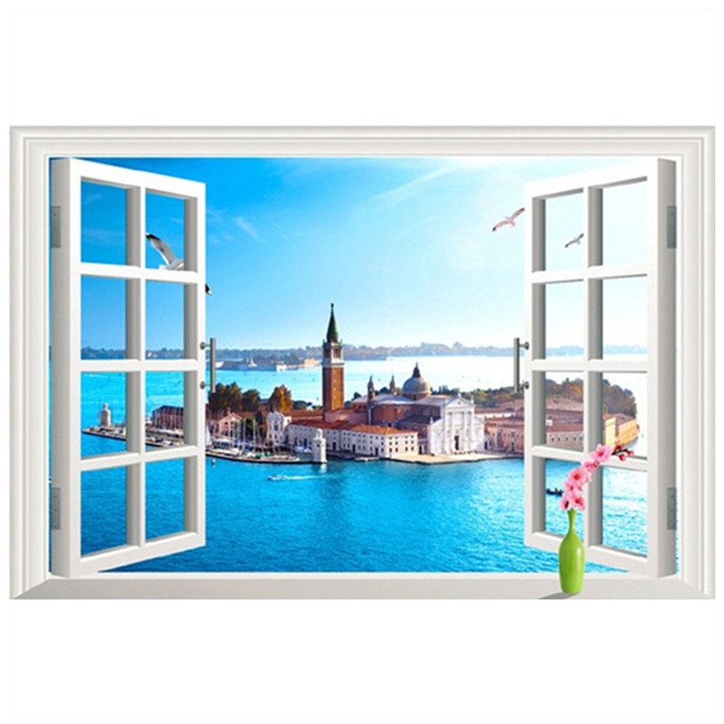 Outside the window sea view mural water city landscape 3d vinyl wall stickers home decoration scenery poster wallpaper 90*60cm