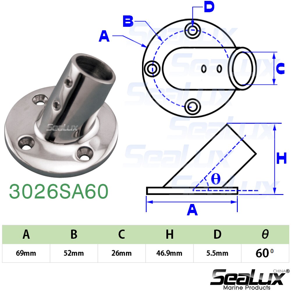 Sealux Marine Grade Stainless Steel 316 Stanchion Base Round Base Rail Mount Multiple angles for Boat Yacht Fishing Accessory: 3026SA60