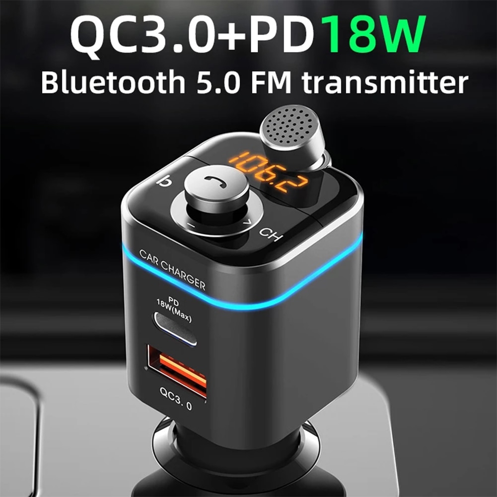 Car Bluetooth 5.0 FM Transmitter Microphone Wireless Car Charger Hands Free Call Type-c PD 18W & QC3.0 Fast Charging MP3 Player