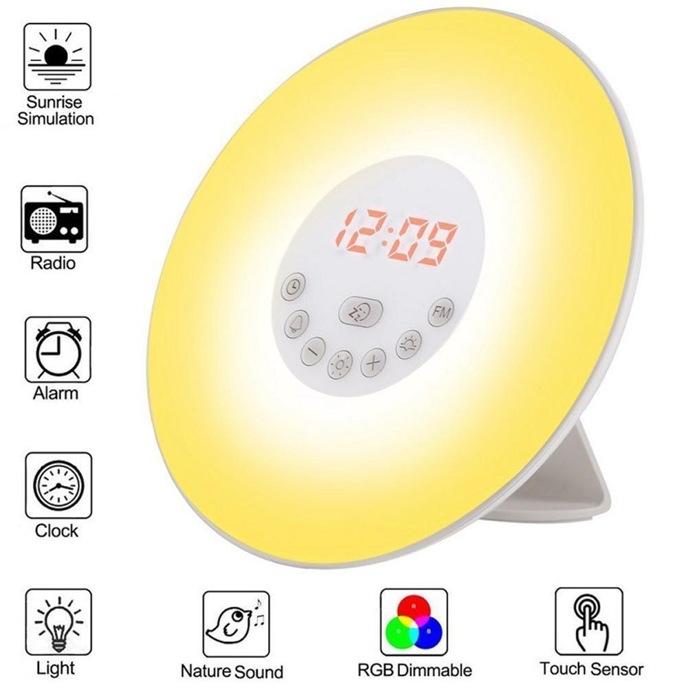 Digital Wecker Wake Up Licht Tisch LED Lampe Elektronische Schreibtisch Uhr Sunrise Sunset Snooze Uhren FM Radio Uhren