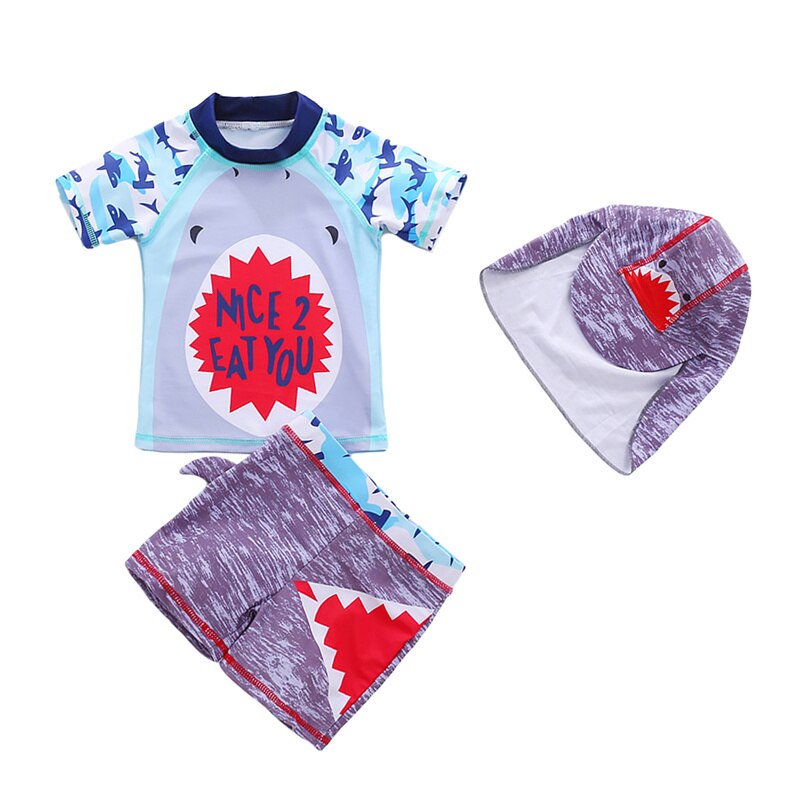 Jongens Zwemmen Kleding Set Drie Stukken, Shark Cartoon Print Blue Ronde Kraag Korte Mouwen Tops + Shorts + Hoed