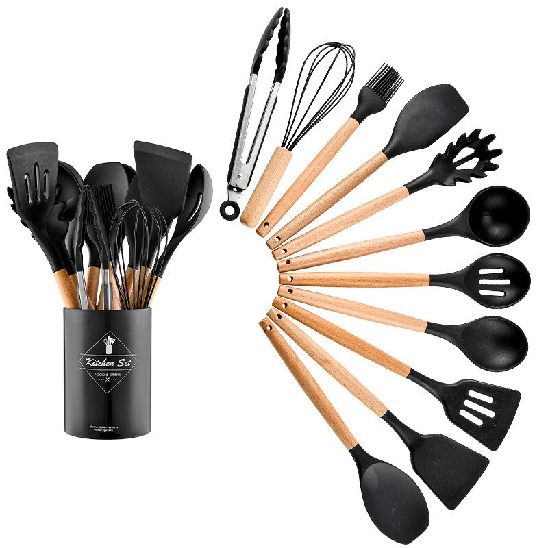 Juego de Utensilios de Silicona para la Cocina, Instrumentos para Cocinar, Espátula y Pala Antiadherente, Accesorio con Mango de Madera, con Recipiente de Almacenamiento: Black