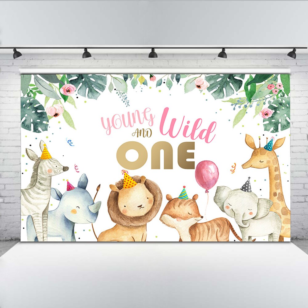 Cartoon Animal Jungle Birthday Backdrop - Kids Forest Photo Studio Prop - Green Leaf Balloons