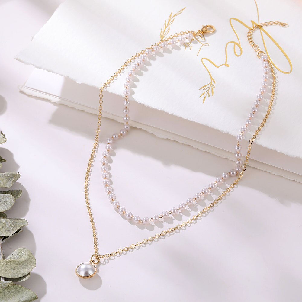 ZOVOLI Kpop Perle Perlen Halsband Halskette Doppel Layered Gold Ketten Perle Anhänger Halsketten Für Frauen Trendy Schmuck