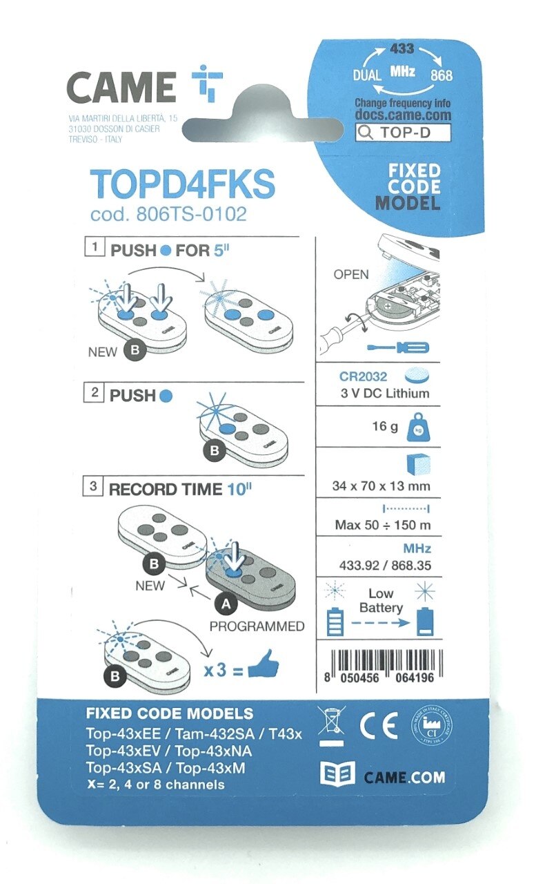 2x CAME TOPD4FKS télécommande code fixe 4 canaux double fréquence noir