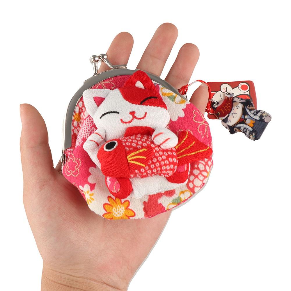 Retro Japanese Style Maneki Neko Coin Purse Doll Flower Printing Lucky Cat Clutch Bag Storage Bag Wallets Card Holder Women