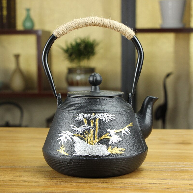 Gjutjärnskruka japansk ren handgjord järnkruka föredrar ögonbrynsspets järntekanna obestruken järnkruka clearance blomma svart 1.2l: F