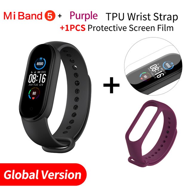 Original Xiaomi Mi Band 5 Global Version Smart Miband5 Bracelet Sport Heart Rate Fitness Tracker Bluetooth Waterproof BT5.0: Add Purple Strap