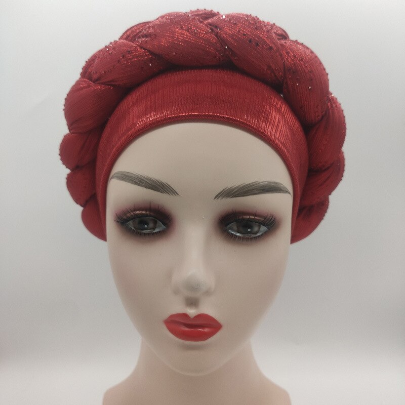 African Headtie Nigerian Shining Gele Headtie Aso Oke Gele Muslim Already Made Auto Gele Hijab Aso Ebi Turban Cap Colorful: Red