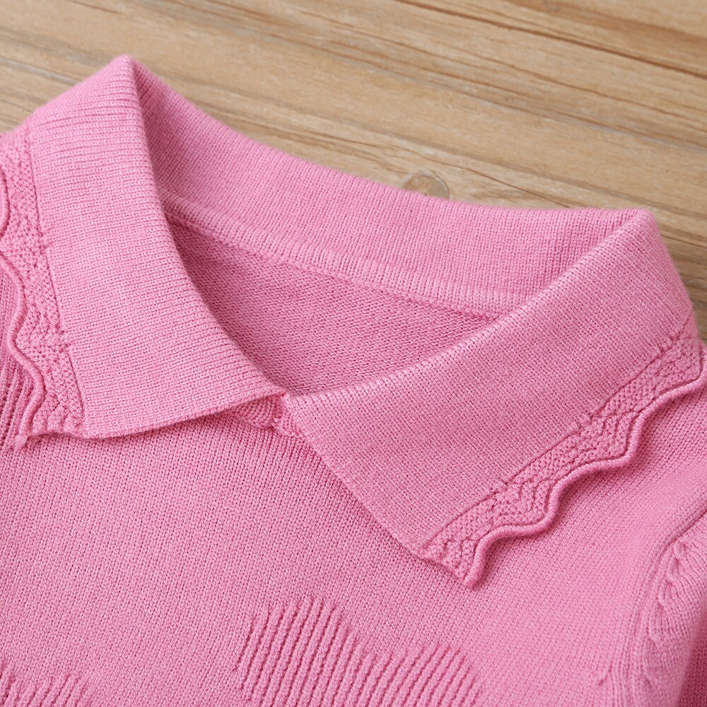 Camiseta de manga larga de punto de algodón para niños, camiseta informal de color rosa liso con cuello vuelto para niñas de 0 a 2 años