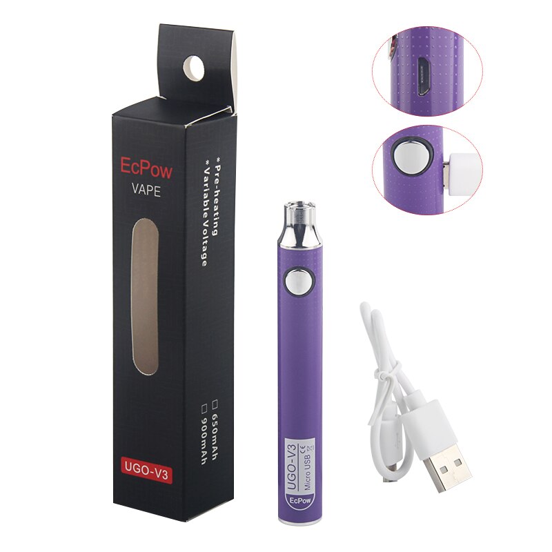 5Pcs Original UGO V3 510 Thread Battery With Micro USB Charger Preheat Variable Voltage Popular Pen For Thick Oil CBD Cartridge: Purple / 900mah