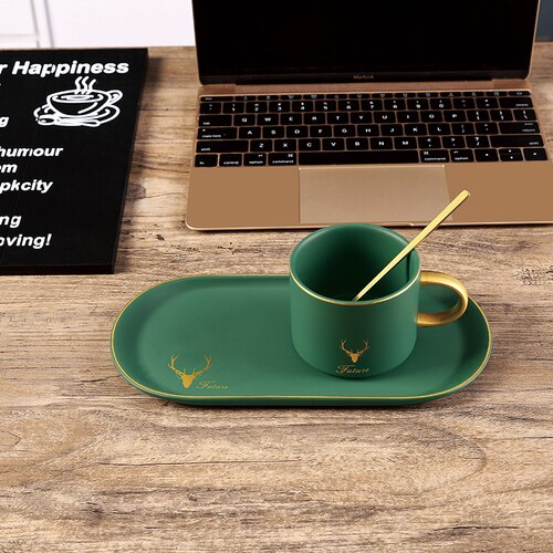 Keramisk kaffekop europæisk lille luksus enkelt enkelt krus krus med ske og tallerken nordisk ins: Grøn