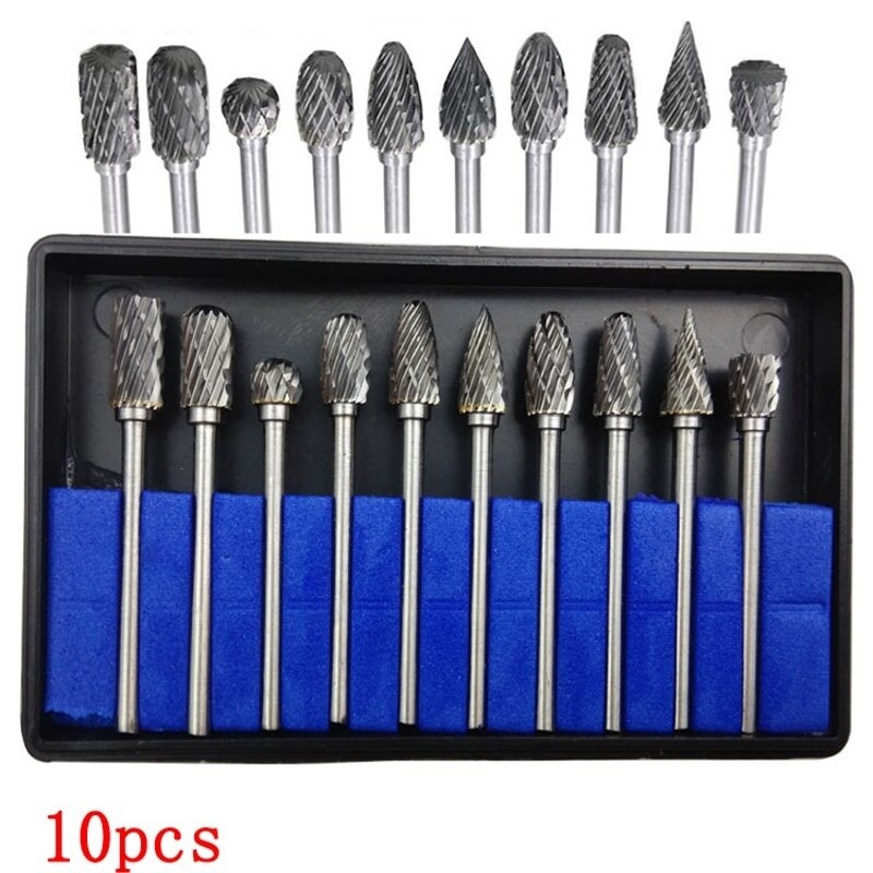 10pc 1/8" Shank Tungsten Carbide Milling Cutter Rotary Tool Burr Double Diamond Cut Rotary Dremel Tools Electric Grinding 3x6mm